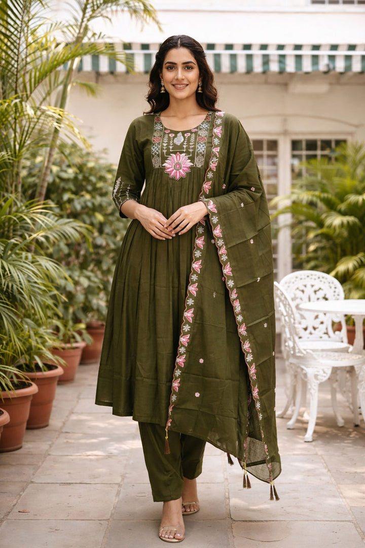 Olive Color Sober Readymade Art Silk Anarkali Style Suit | Buy Online India