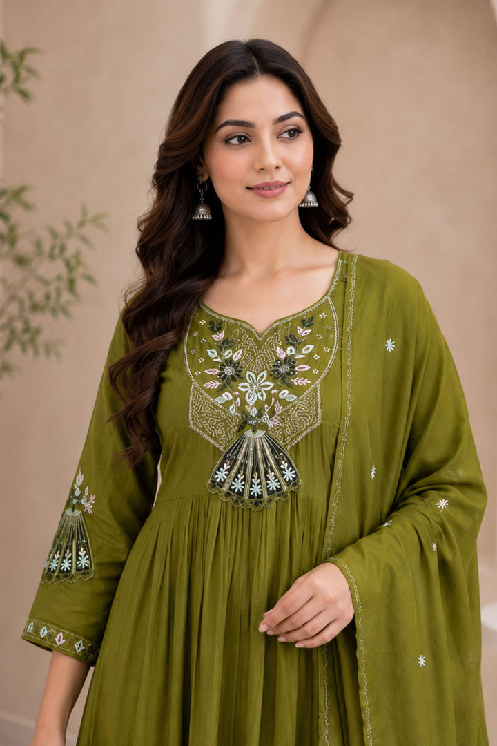 Tempting Art Silk Green Readymade Anarkali Style Suit | Buy Online India