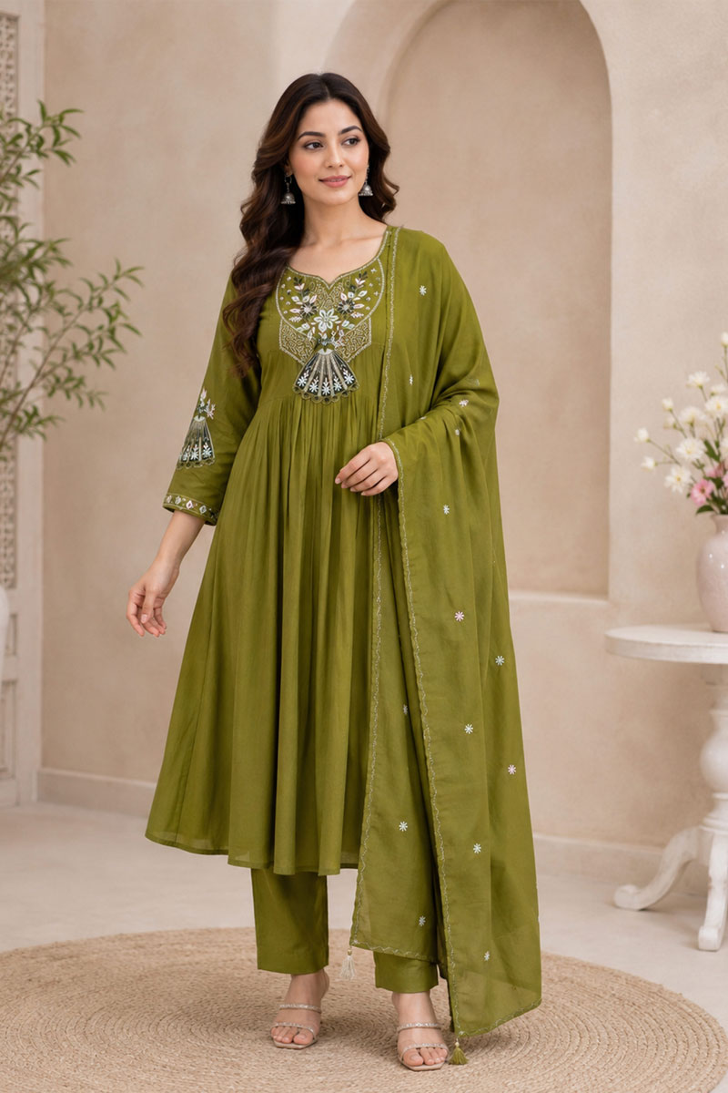 Tempting Art Silk Green Readymade Anarkali Style Suit | Buy Online India