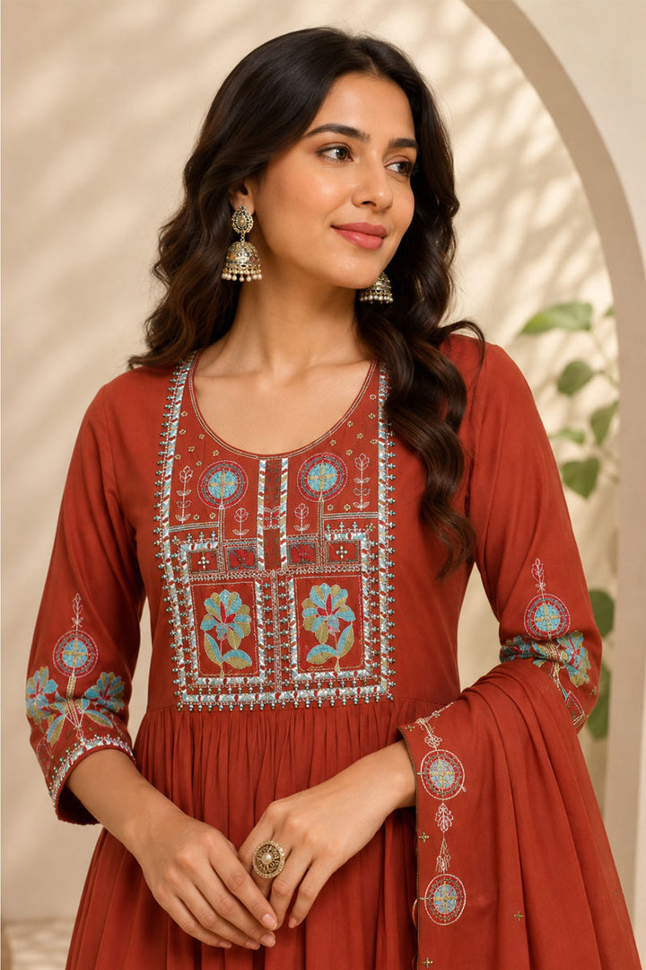 Art Silk Rust Color Delicate Readymade Anarkali Style Suit | Buy Online India