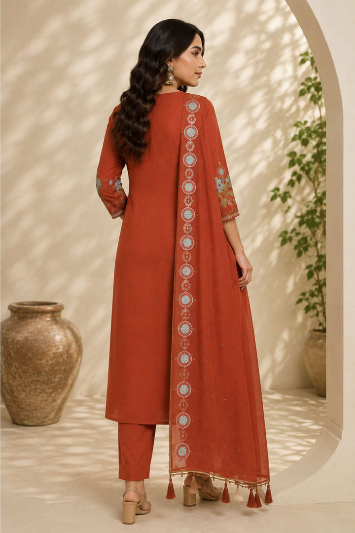 Art Silk Rust Color Delicate Readymade Anarkali Style Suit | Buy Online India