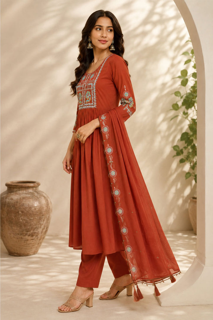 Art Silk Rust Color Delicate Readymade Anarkali Style Suit | Buy Online India