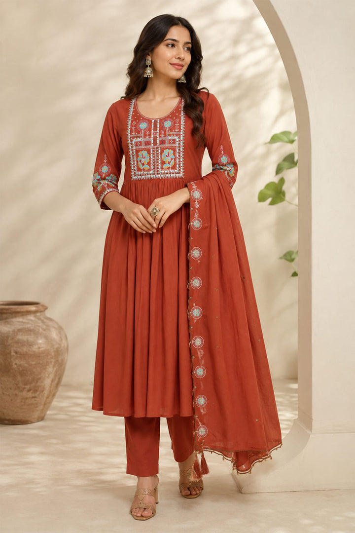 Art Silk Rust Color Delicate Readymade Anarkali Style Suit | Buy Online India