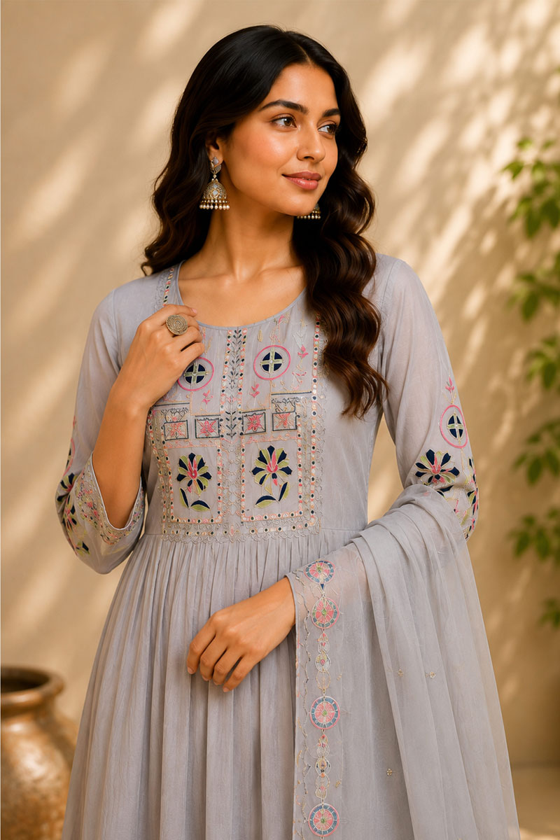 Engaging Grey Color Art Silk Readymade Anarkali Style Suit | Buy Online India
