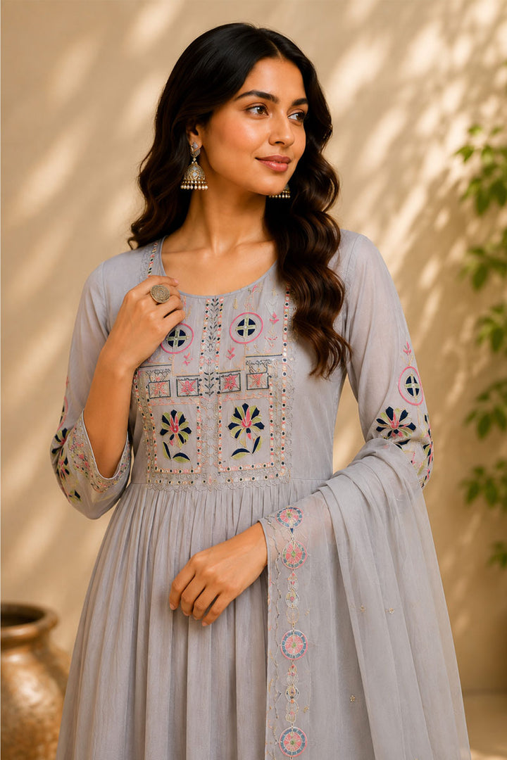Engaging Grey Color Art Silk Readymade Anarkali Style Suit | Buy Online India