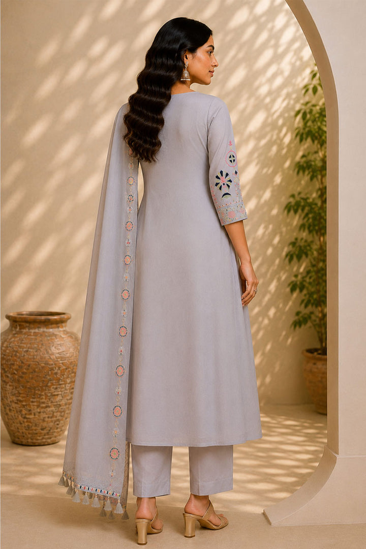 Engaging Grey Color Art Silk Readymade Anarkali Style Suit | Buy Online India