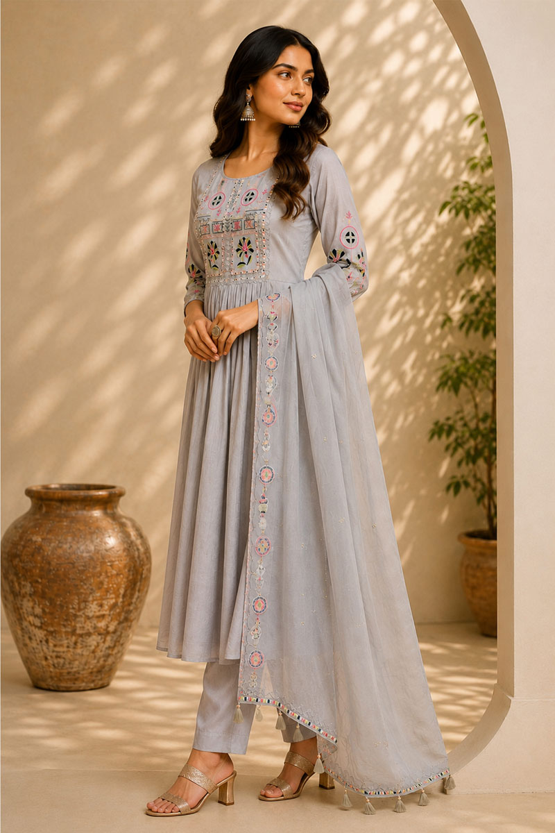 Engaging Grey Color Art Silk Readymade Anarkali Style Suit | Buy Online India