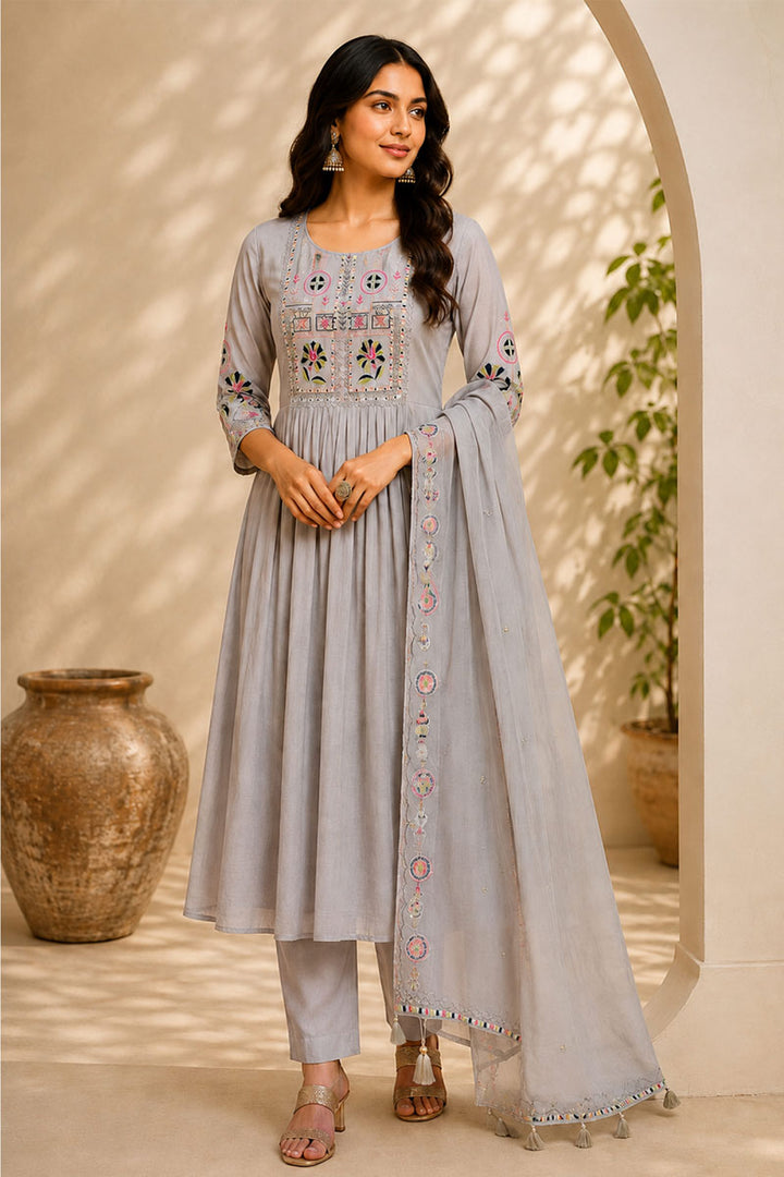Engaging Grey Color Art Silk Readymade Anarkali Style Suit | Buy Online India