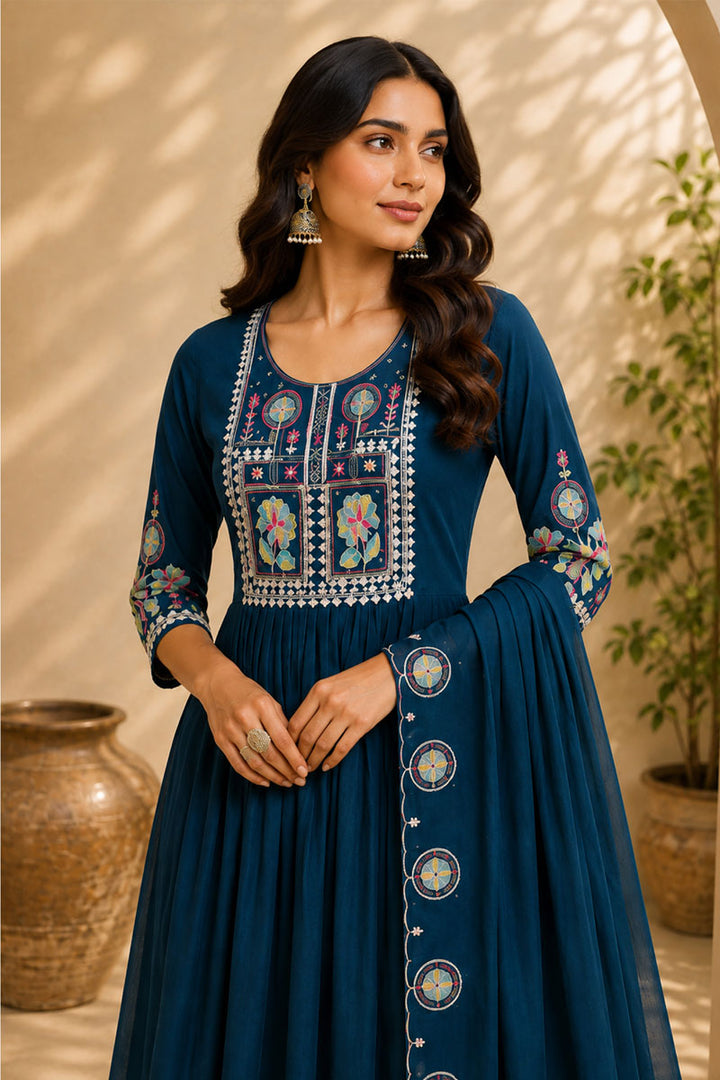 Amazing Teal Color Art Silk Readymade Anarkali Style Suit | Buy Online India