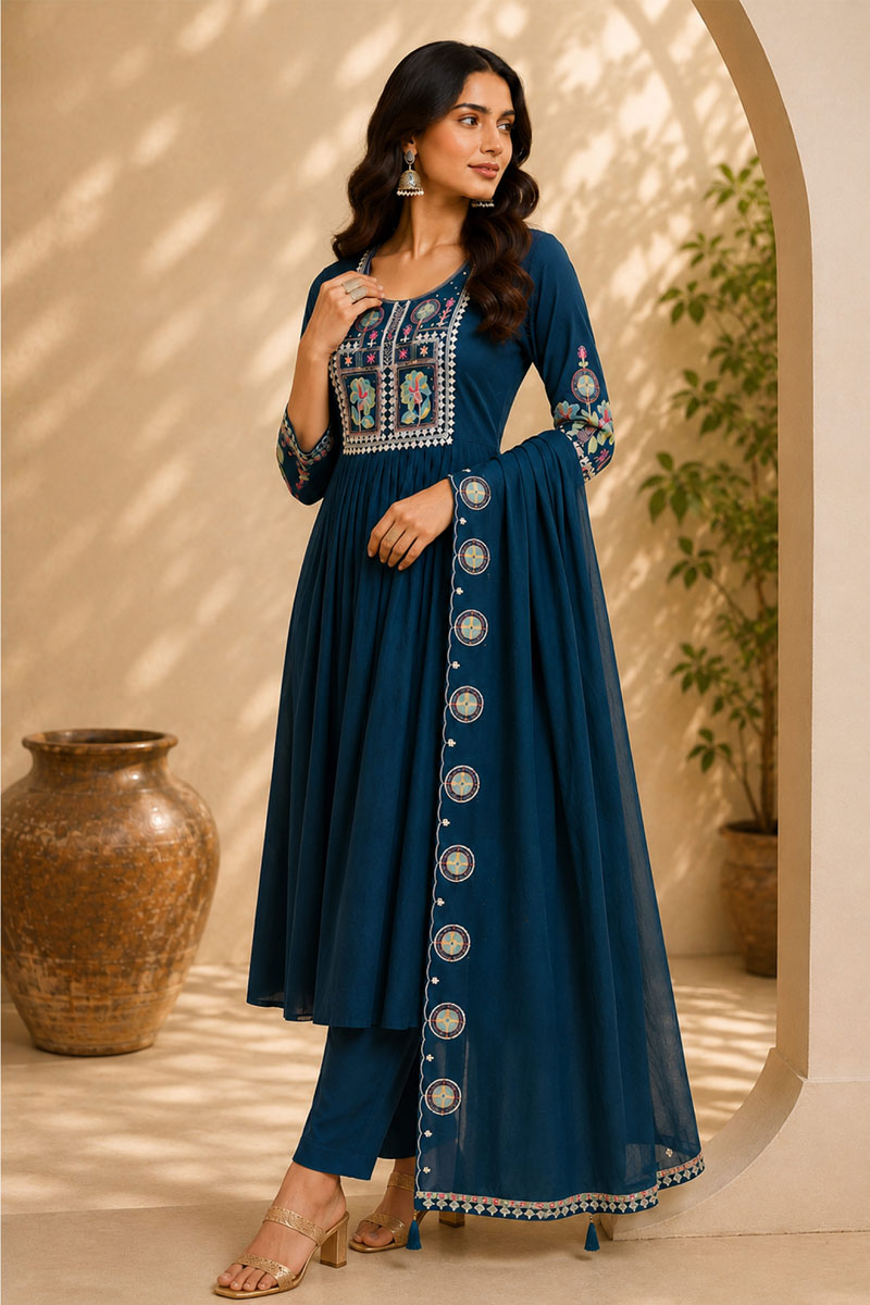 Amazing Teal Color Art Silk Readymade Anarkali Style Suit | Buy Online India
