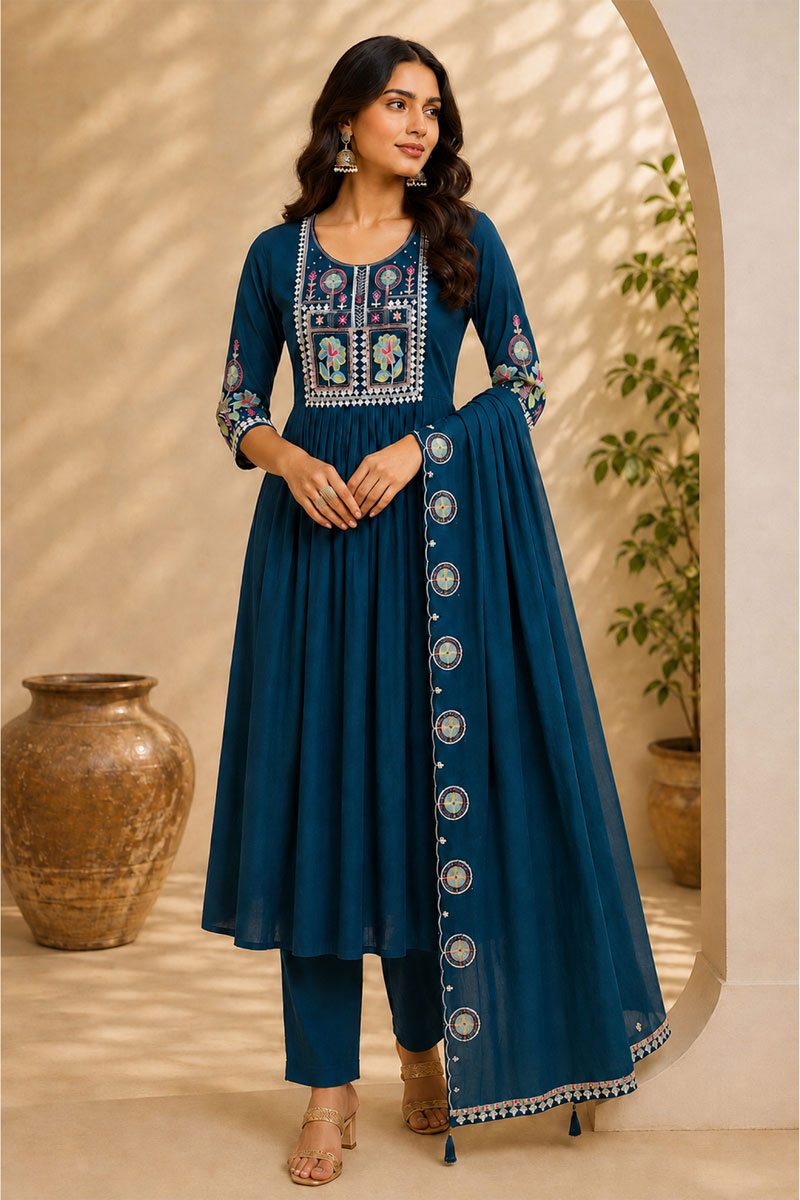 Amazing Teal Color Art Silk Readymade Anarkali Style Suit | Buy Online India