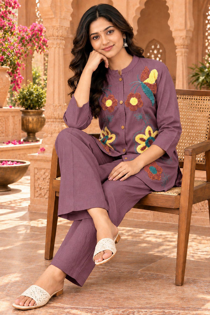 Casual Style Viscose Fabric Lavender Readymade Co Ord Set | Buy Online India