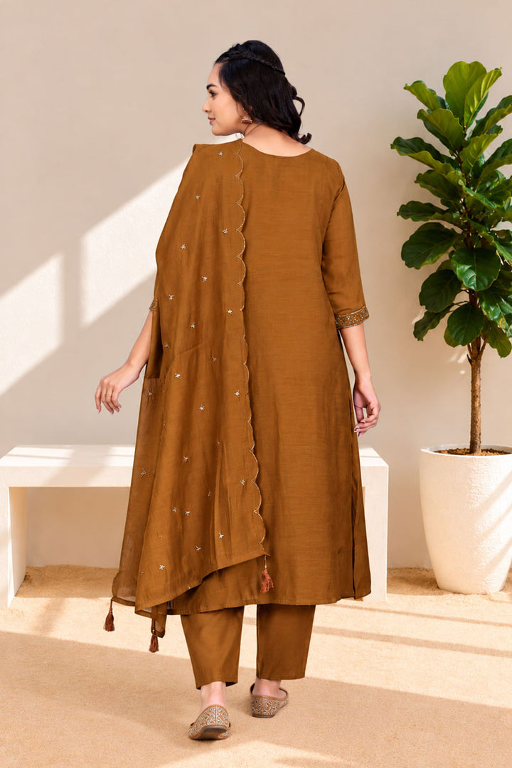 Trendy Chanderi Fabric Brown Readymade Anarkali Style Suit