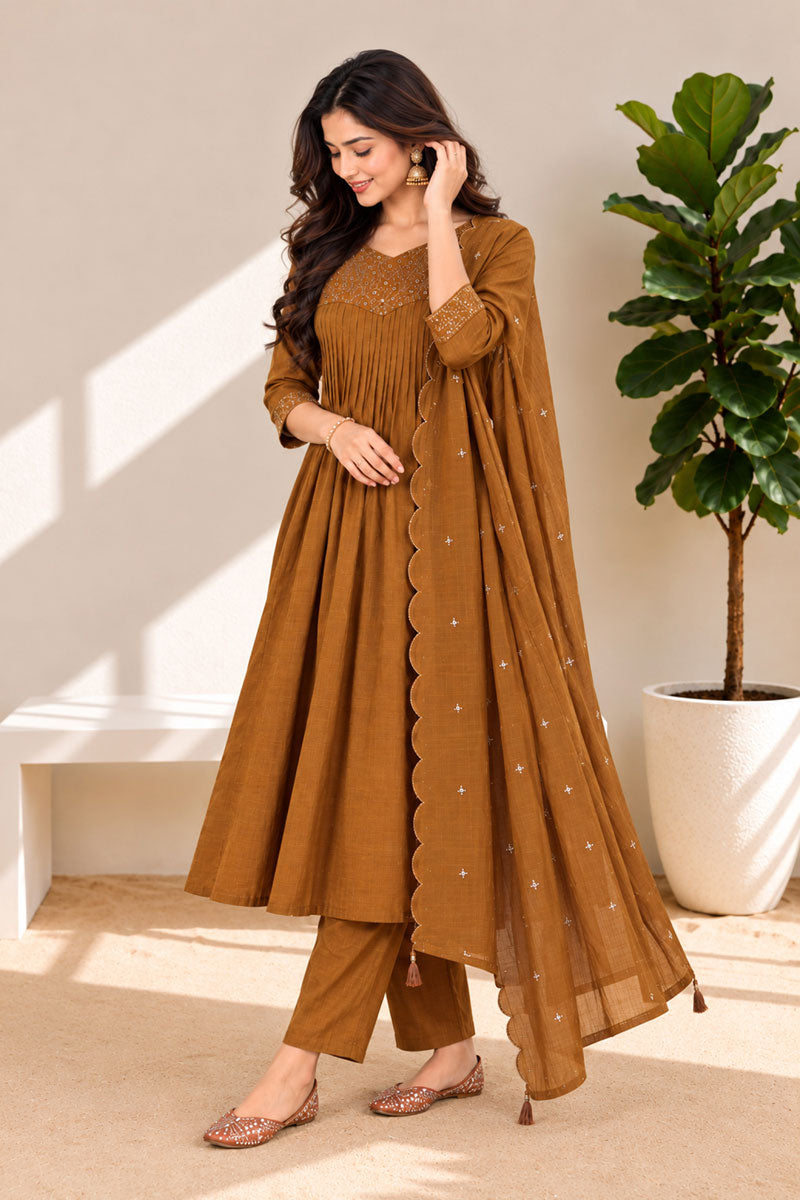 Trendy Chanderi Fabric Brown Readymade Anarkali Style Suit