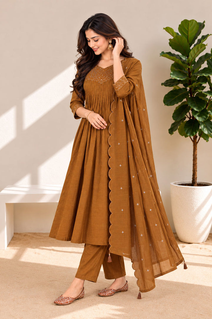 Trendy Chanderi Fabric Brown Readymade Anarkali Style Suit