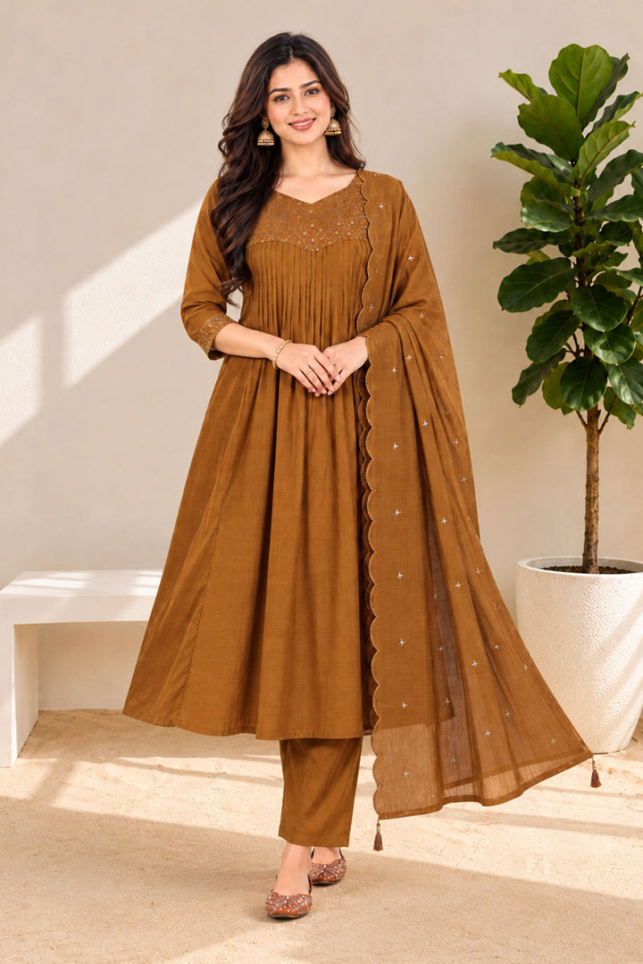 Trendy Chanderi Fabric Brown Readymade Anarkali Style Suit