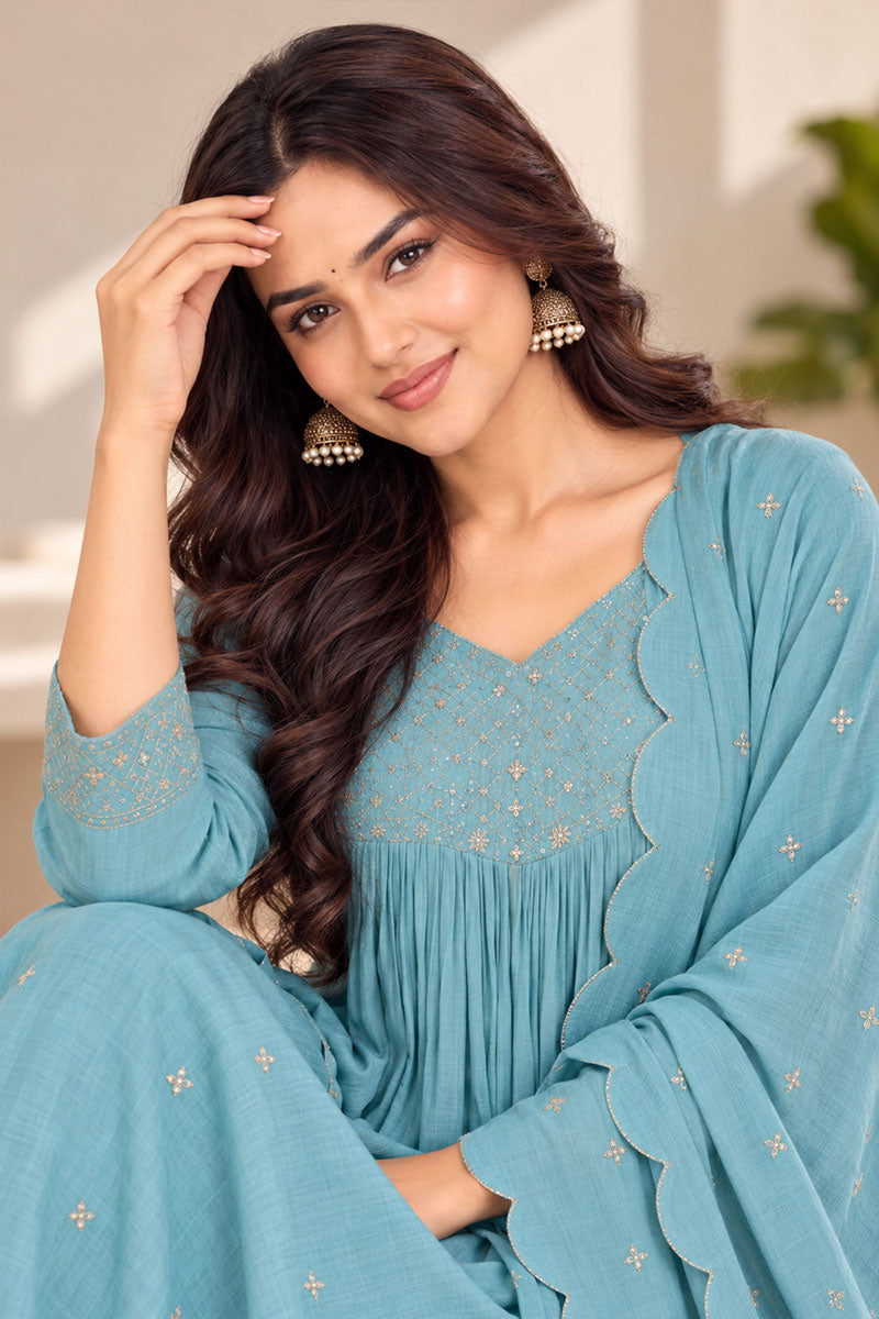 Exclusive Light Cyan Color Readymade Anarkali Style Suit In Chanderi Fabric