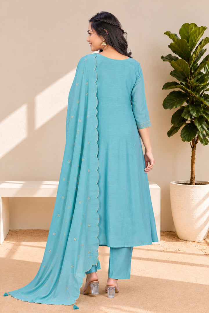 Exclusive Light Cyan Color Readymade Anarkali Style Suit In Chanderi Fabric