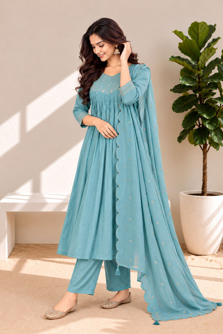 Exclusive Light Cyan Color Readymade Anarkali Style Suit In Chanderi Fabric