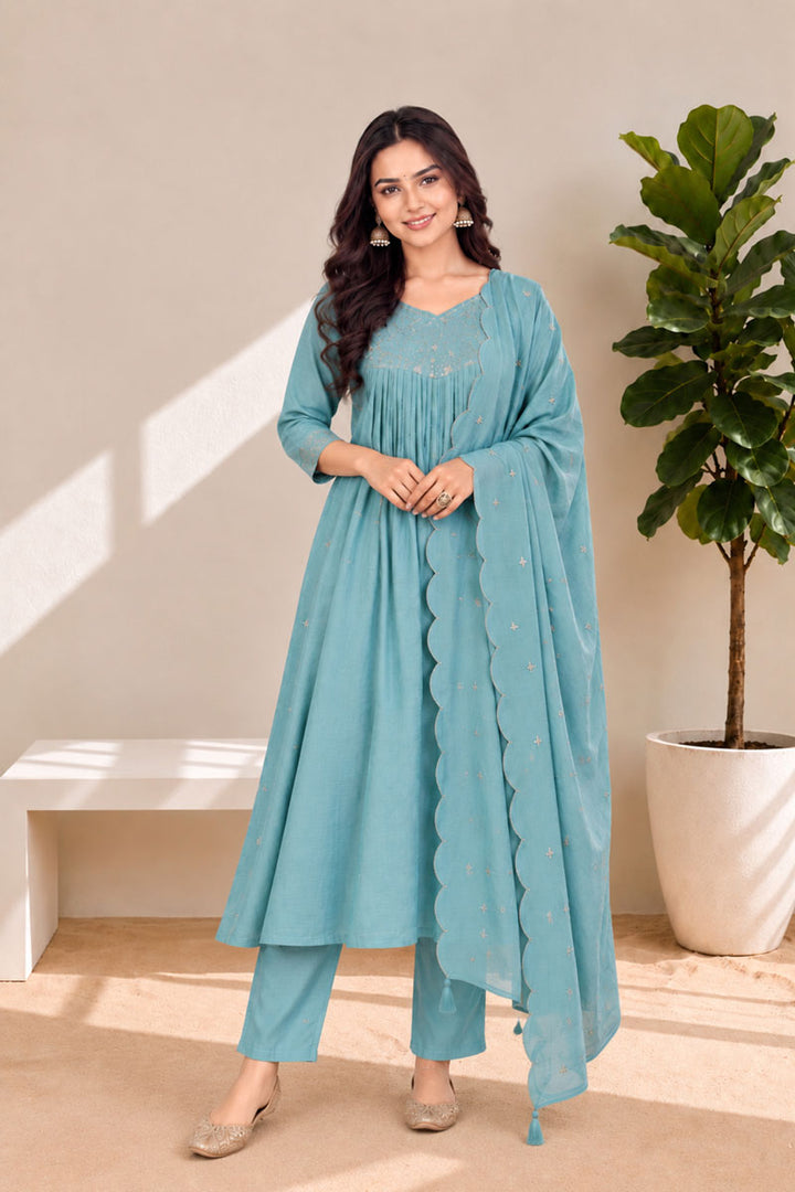 Exclusive Light Cyan Color Readymade Anarkali Style Suit In Chanderi Fabric
