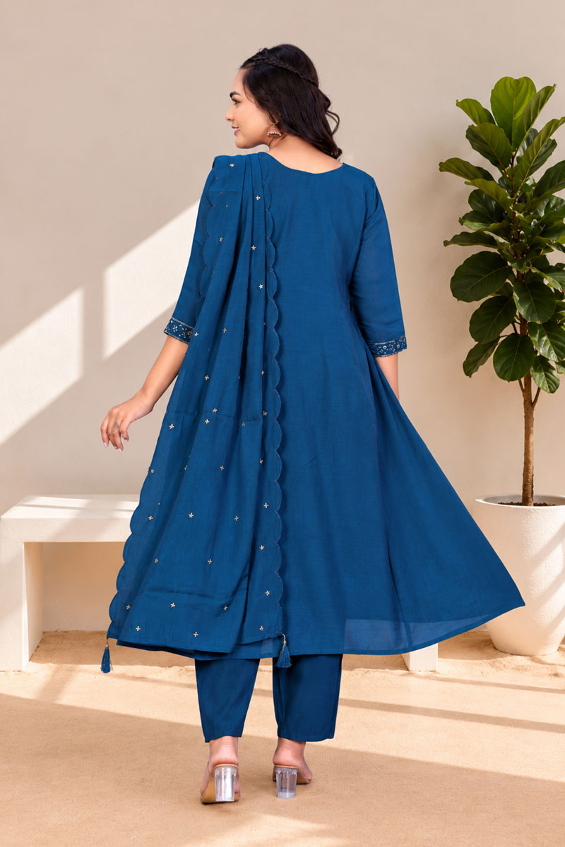 Teal Color Readymade Anarkali Style Suit In Chanderi Fabric