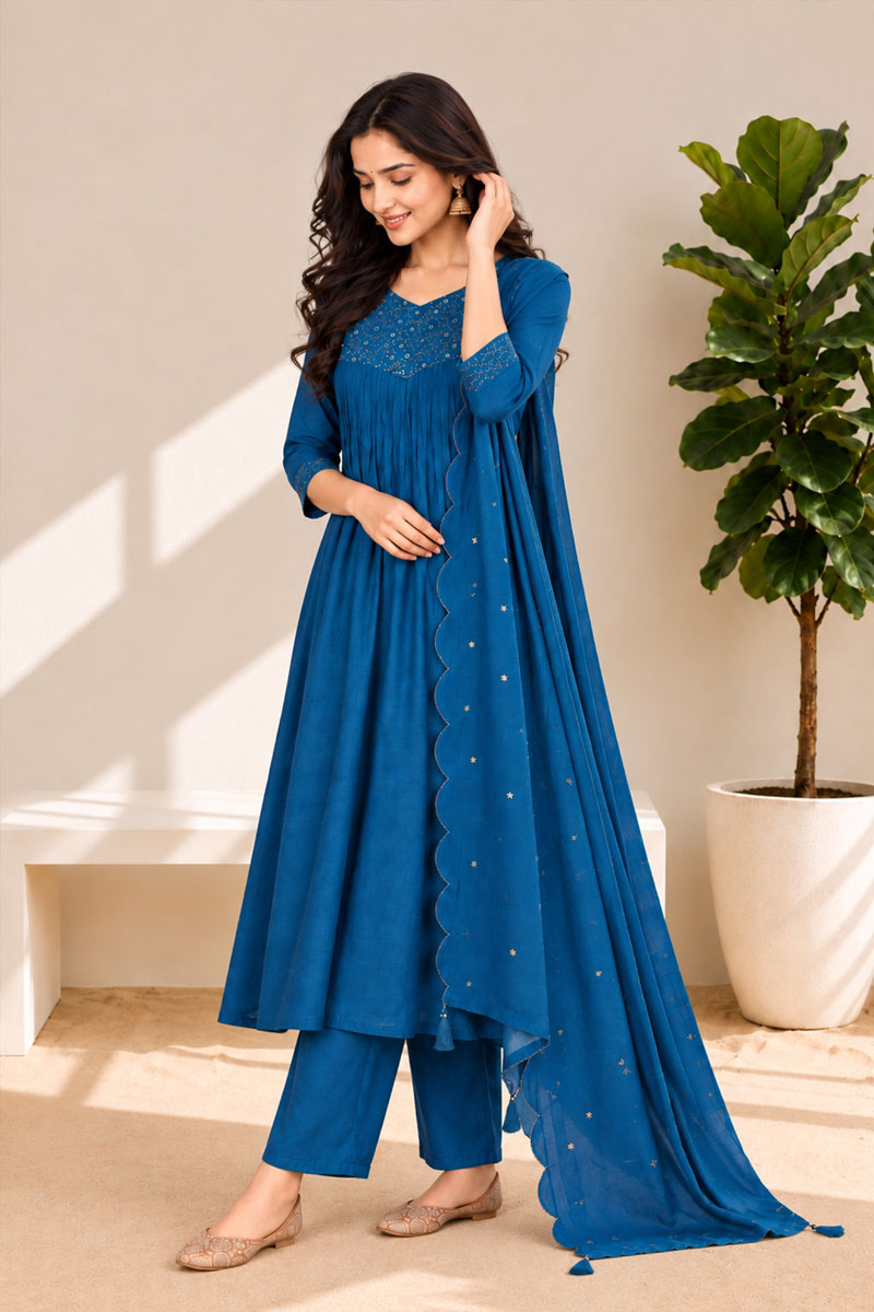 Teal Color Readymade Anarkali Style Suit In Chanderi Fabric