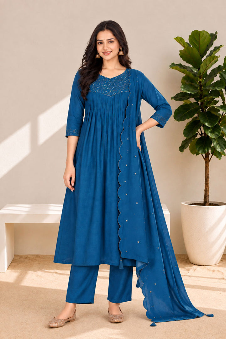Teal Color Readymade Anarkali Style Suit In Chanderi Fabric