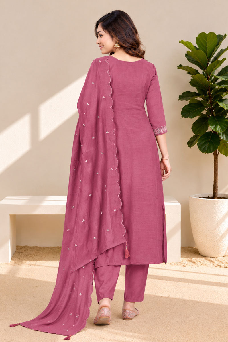 Attractive Chanderi Fabric Pink Readymade Anarkali Style Suit