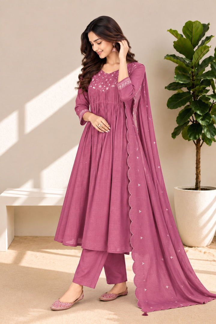 Attractive Chanderi Fabric Pink Readymade Anarkali Style Suit
