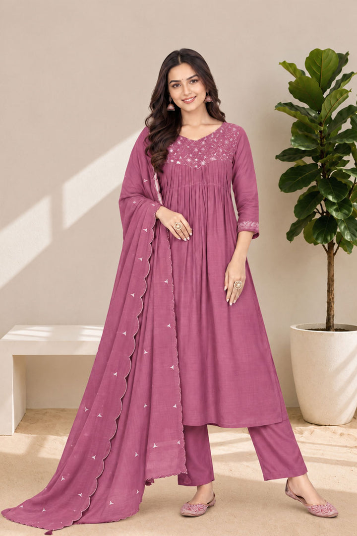 Attractive Chanderi Fabric Pink Readymade Anarkali Style Suit
