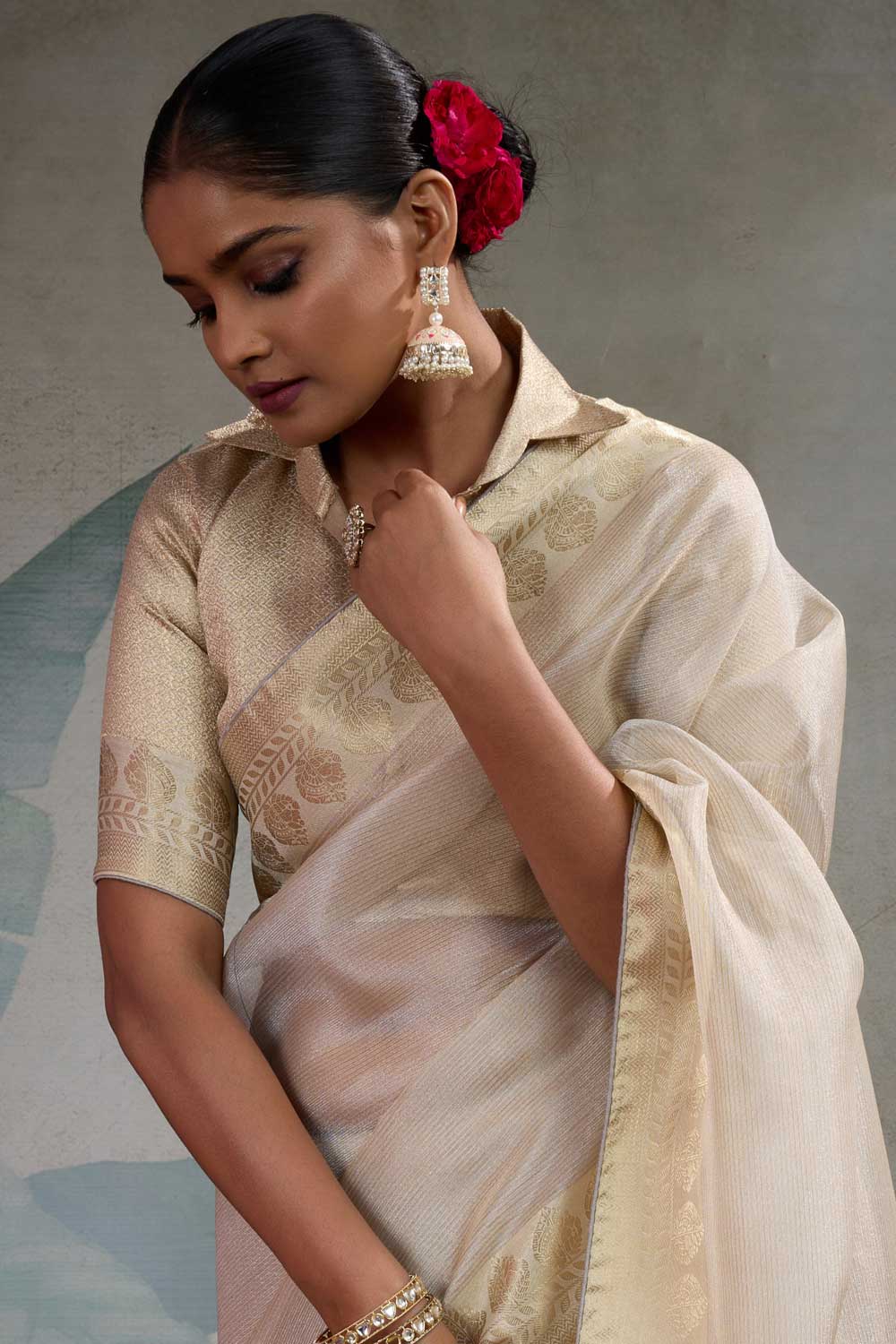 Weaving Work Cream Color Tissue Silk Saree | Buy Online India