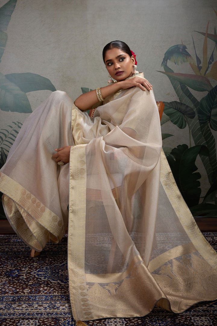 Weaving Work Cream Color Tissue Silk Saree | Buy Online India
