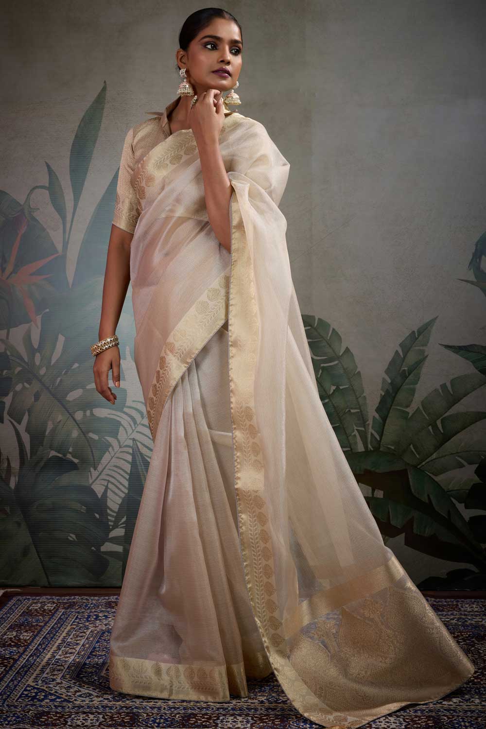 Weaving Work Cream Color Tissue Silk Saree | Buy Online India