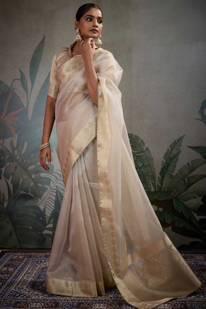 Weaving Work Cream Color Tissue Silk Saree | Buy Online India