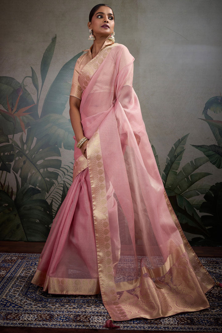 Weaving Work Tissue Silk Saree In Pink Color | Buy Online India