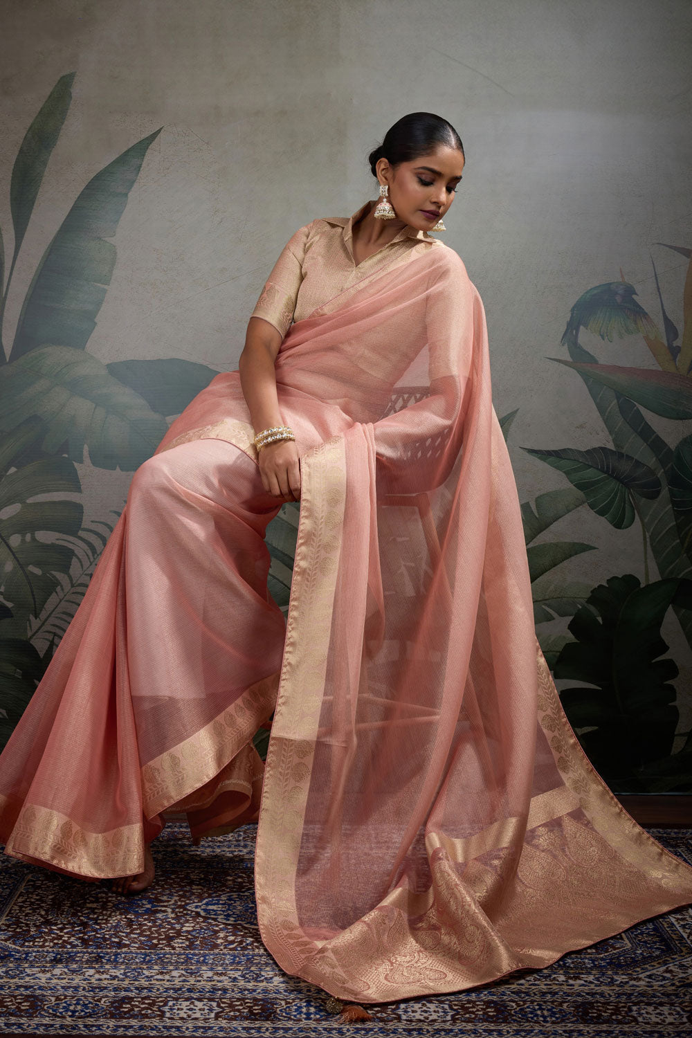 Festive Weaving Work Tissue Silk Saree In Peach Color | Buy Online India