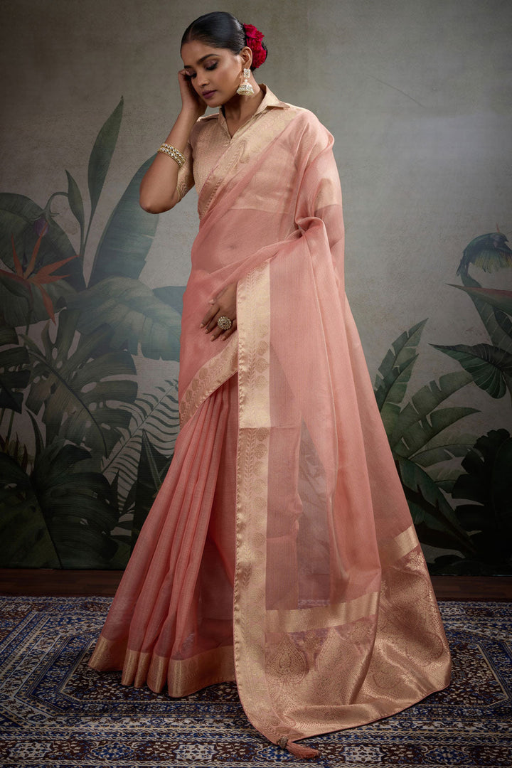 Festive Weaving Work Tissue Silk Saree In Peach Color | Buy Online India