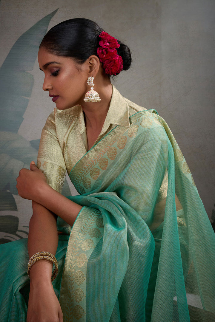 Weaving Work Tissue Silk Saree In Green Color | Buy Online India