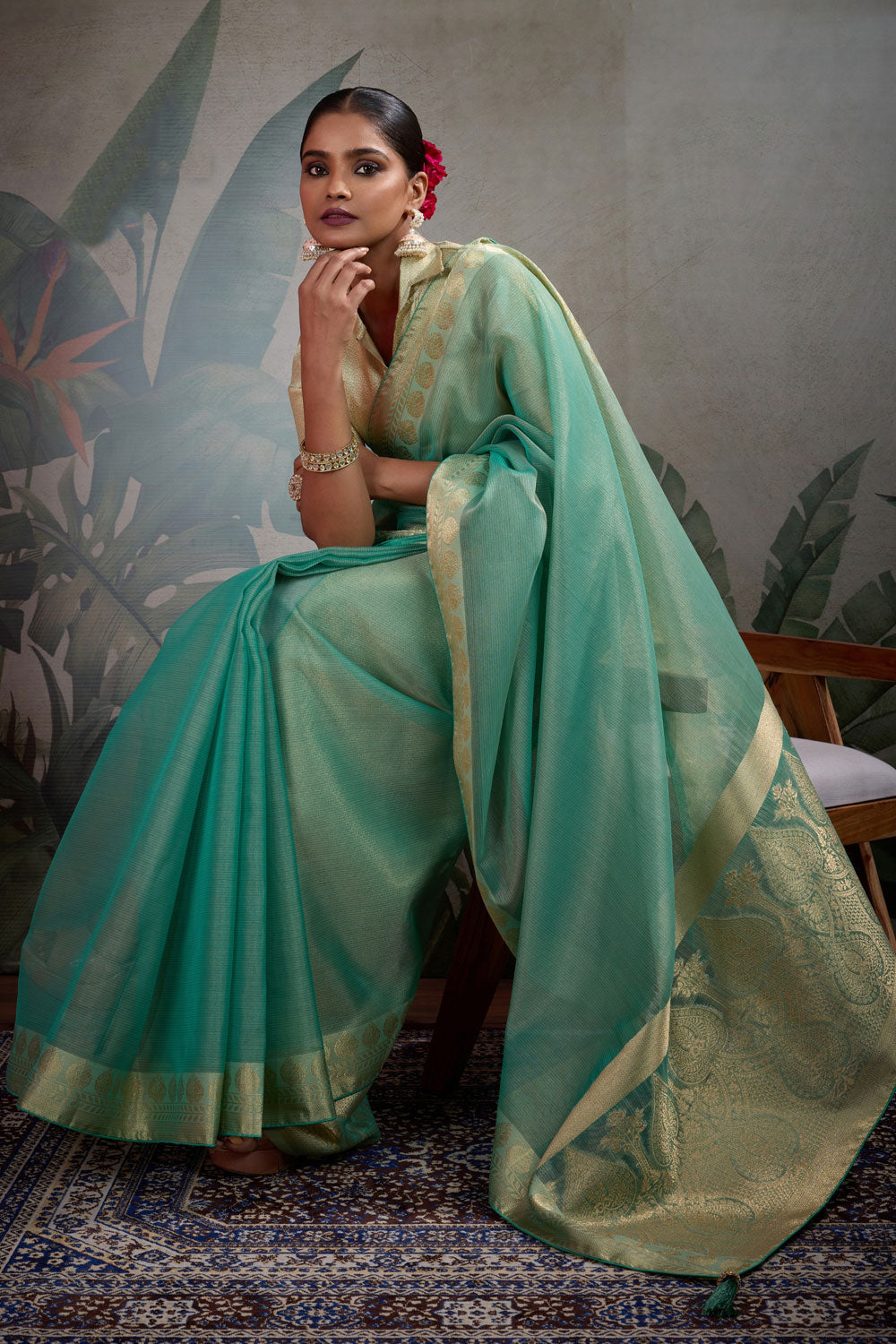 Weaving Work Tissue Silk Saree In Green Color | Buy Online India