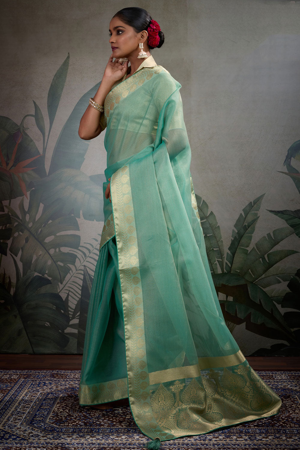 Weaving Work Tissue Silk Saree In Green Color | Buy Online India