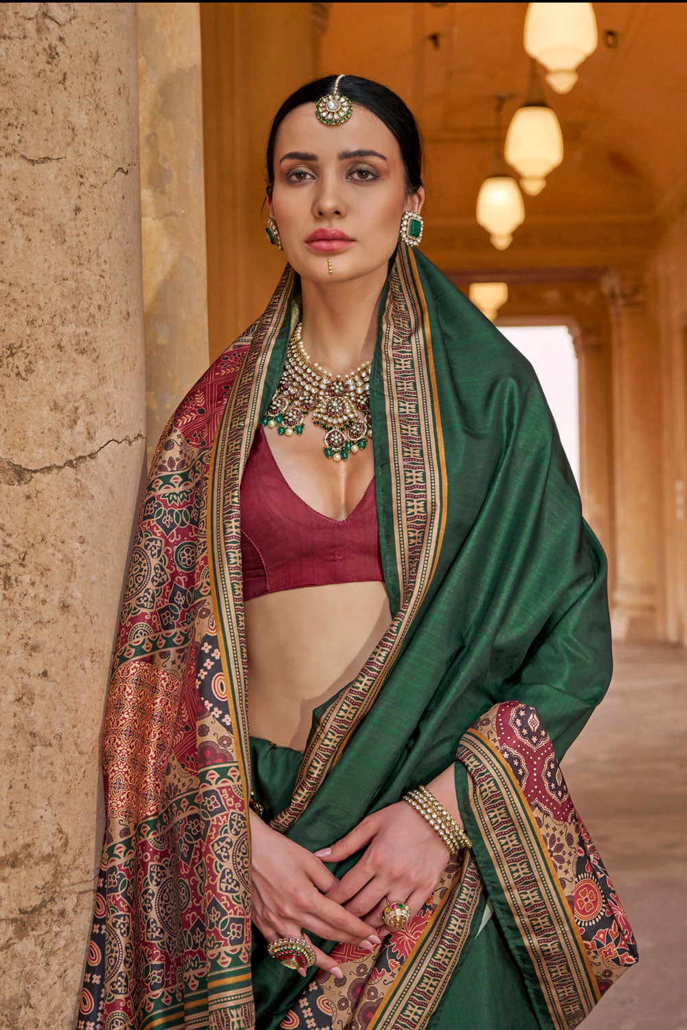 Green Color Ajrakh Print Work Pleasant Art Silk Saree | Buy Online India