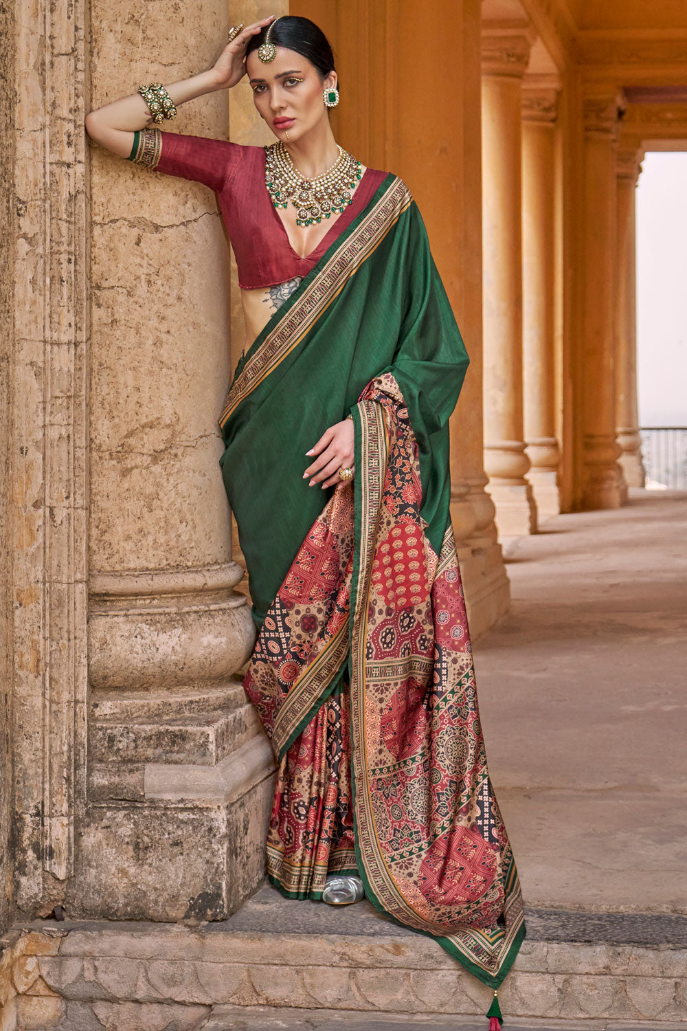 Green Color Ajrakh Print Work Pleasant Art Silk Saree | Buy Online India