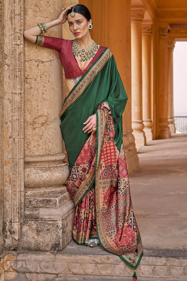 Green Color Ajrakh Print Work Pleasant Art Silk Saree | Buy Online India
