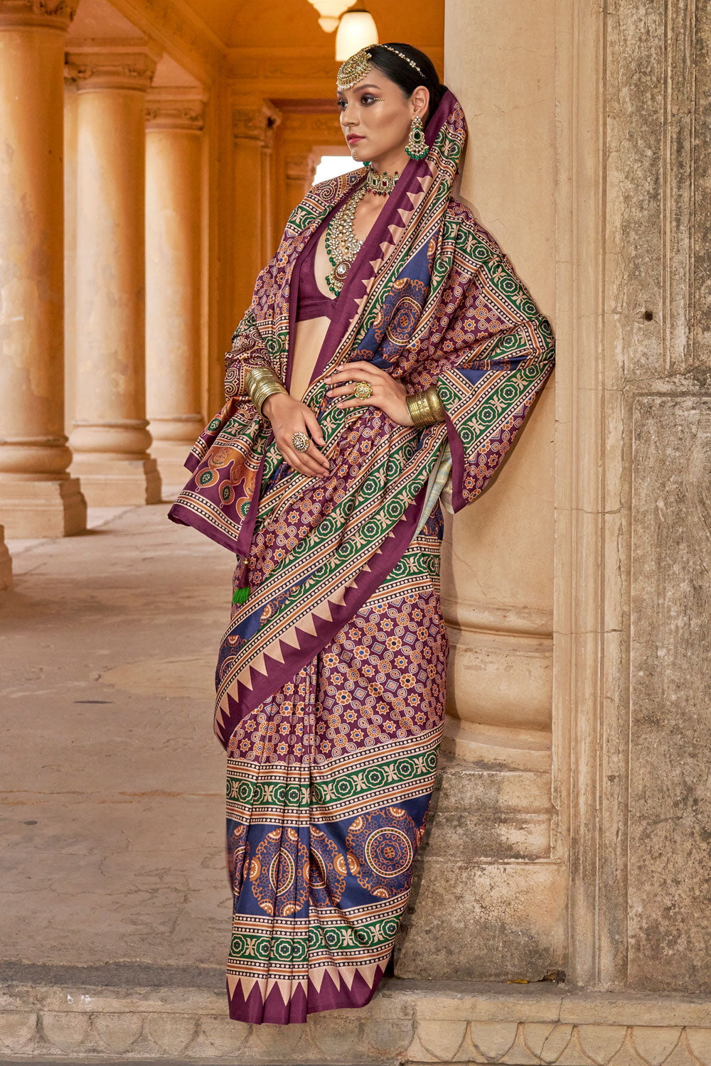 Multi Color Ajrakh Print Work Brilliant Art Silk Saree | Buy Online India