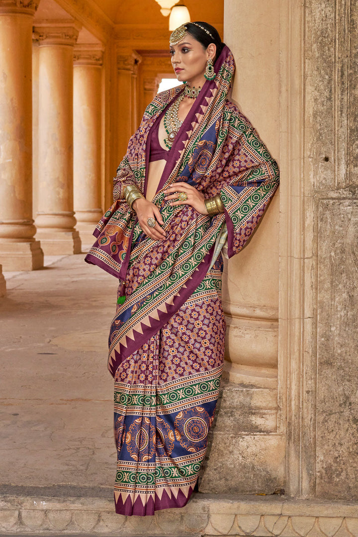 Multi Color Ajrakh Print Work Brilliant Art Silk Saree | Buy Online India
