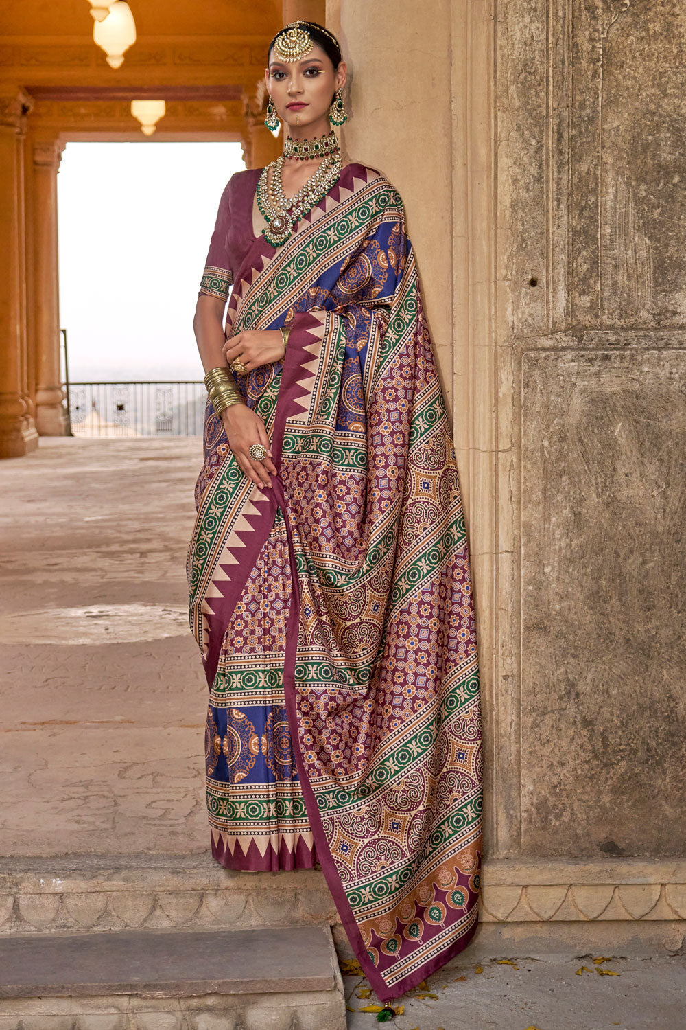 Multi Color Ajrakh Print Work Brilliant Art Silk Saree | Buy Online India