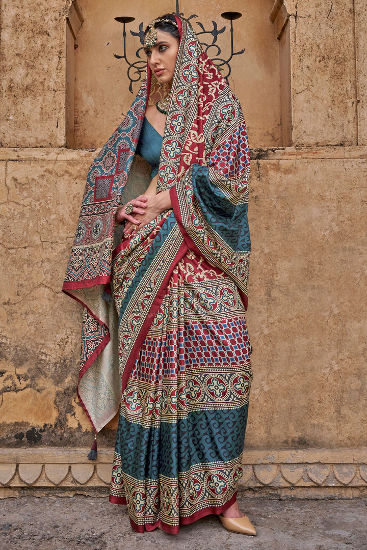 Ajrakh Print Work Imposing Art Silk Saree In Multi Color | Buy Online India