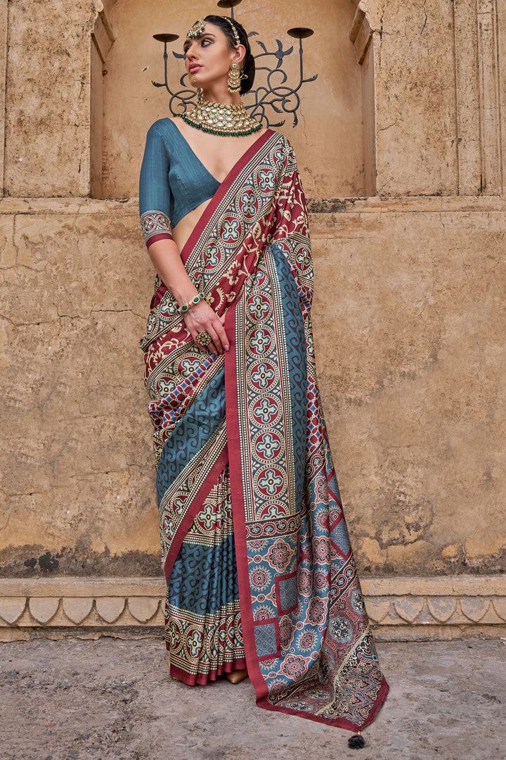 Ajrakh Print Work Imposing Art Silk Saree In Multi Color | Buy Online India