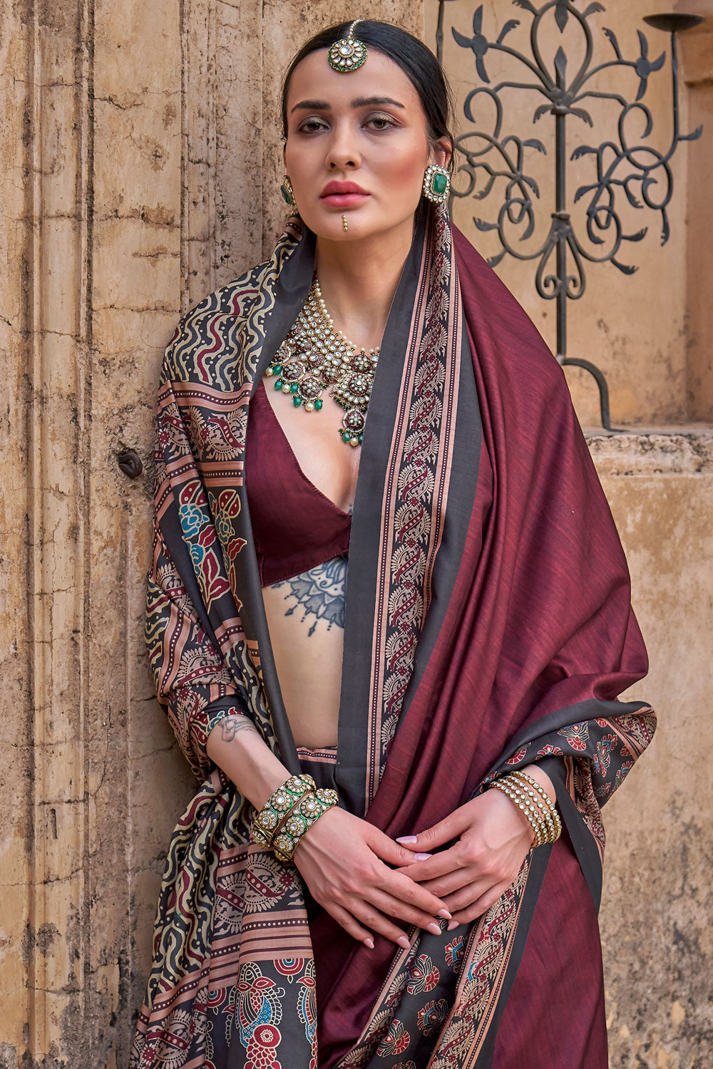 Ajrakh Print Work Soothing Art Silk Saree In Wine Color | Buy Online India