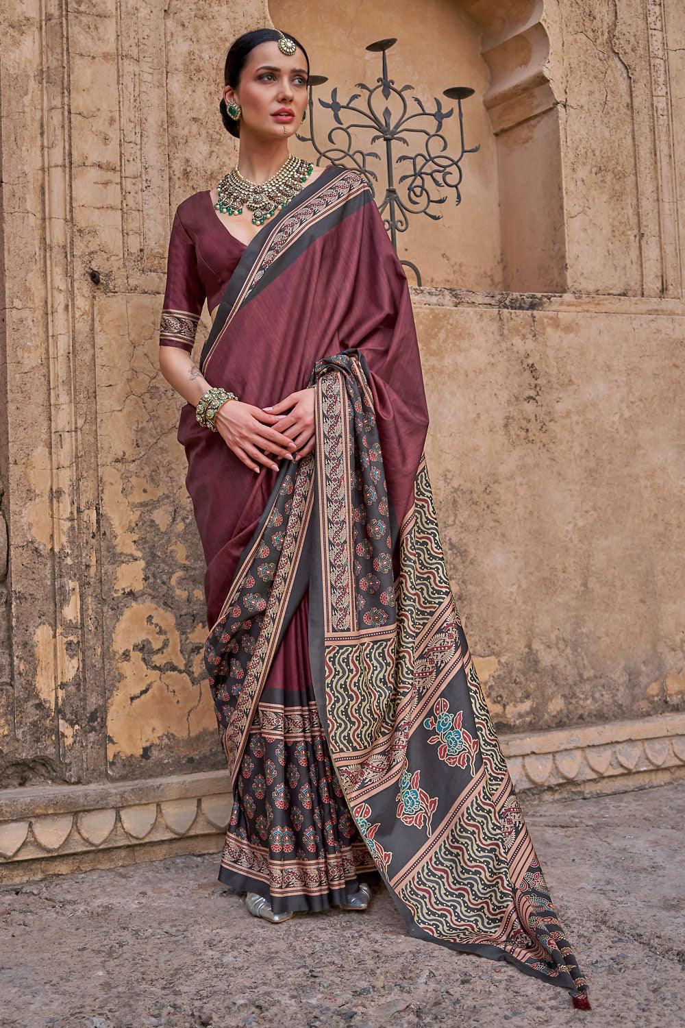 Ajrakh Print Work Soothing Art Silk Saree In Wine Color | Buy Online India